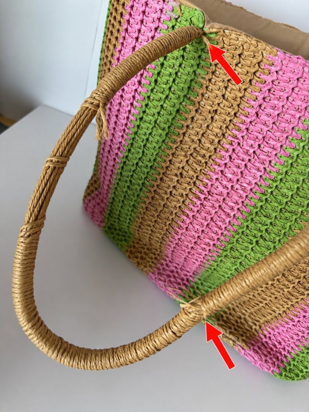 A New Day Striped Woven Straw Tote Bag Pink Green Tan Crochet Shoulder Handbag - Picture 2 of 9